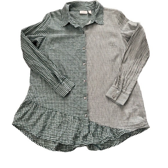 LOGO by Lori Goldstein Green Gingham Striped Ruffled Button Up Long Sleeve Small - Picture 4 of 14